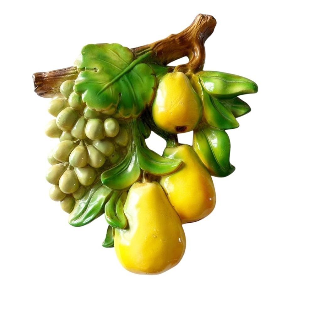 Vintage Mid-century Modern Chalk-ware Fruit Pear & Grape wall art